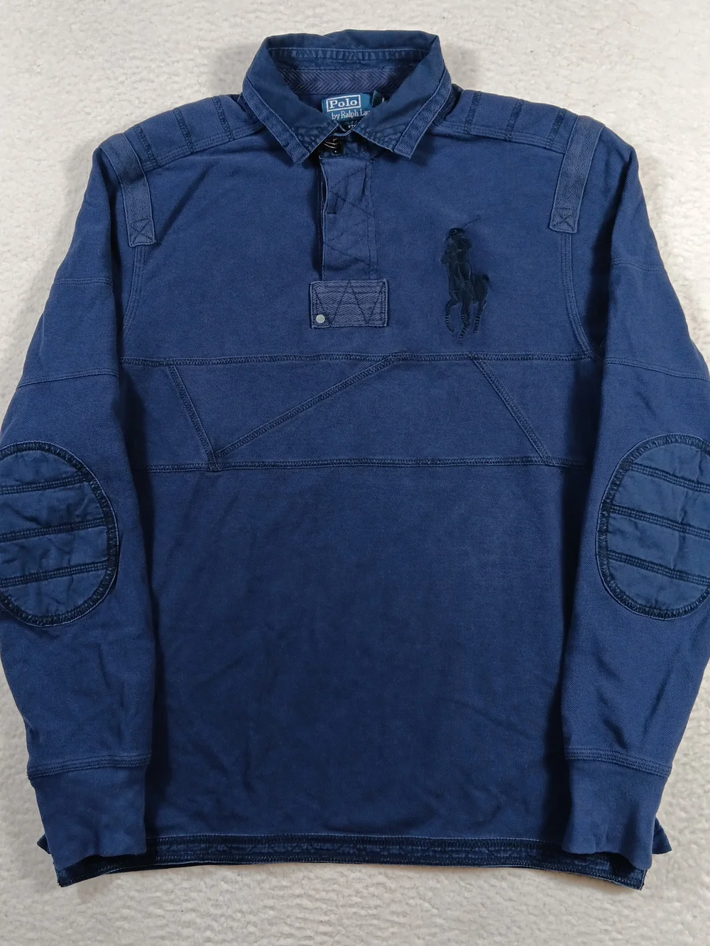 Vintage Polo Ralph Lauren Shirt Mens Medium Blue Rugby Pronged Snap Big Pony